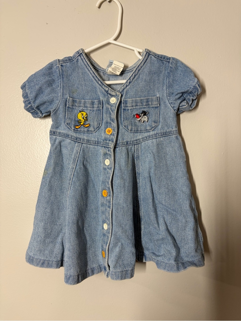 Vintage Warner Bros. Light Blue Denim Tweety & Sylvester Pocket Dress  size 1